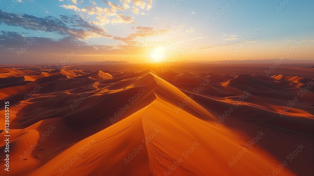 Fototapeta premium Tire tracks whisper tales of journeys across the shimmering sands. A breathtaking panorama of the desert at sunset. ai generaed