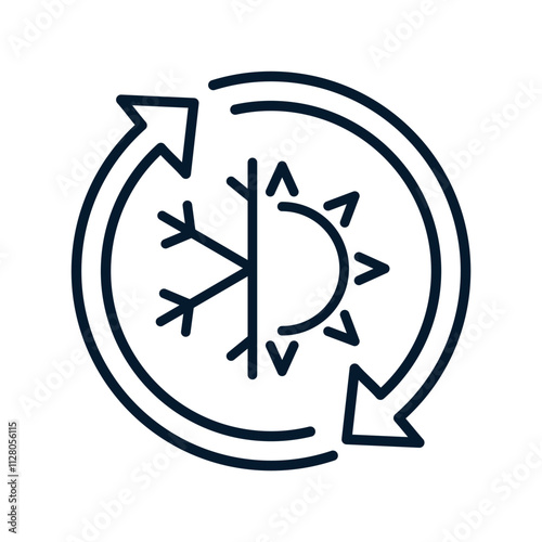 Snowflake, sun, arrow in a circle. Concept of all-season choice. Vector linear icon isolated on white background.