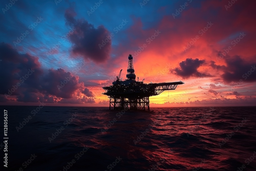 Stunning sunset over an offshore oil rig in the ocean captured in vibrant colors serene environment aesthetic viewpoint industrial concept nature's beauty and oil production combined Stunning sunset over an offshore oil rig in the ocean captured in vibrant colors serene environment aesthetic viewpoint industrial concept nature's beauty and oil production combined
