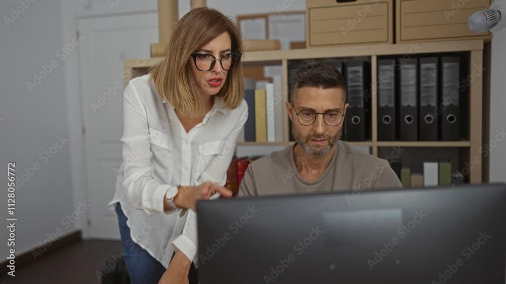 Man and woman working together in an office environment, surrounded by shelves of binders and books, appearing engaged and focused on a computer screen