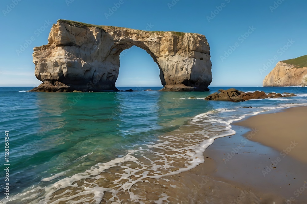Fototapeta premium Coastal Landscape with Rugged Rock Arch Formation, Turquoise Sea, and Sandy Beach