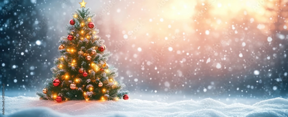 Christmas Tree in Snowy Landscape with Golden Ornaments and Soft Evening Lights Christmas Tree in Snowy Landscape with Golden Ornaments and Soft Evening Lights