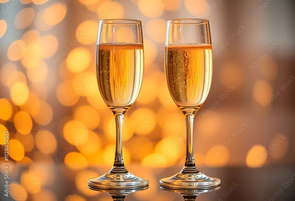 Two champagne flutes filled with sparkling wine on a surface reflecting the warm glow of bokeh lights. Two champagne flutes filled with sparkling wine on a surface reflecting the warm glow of bokeh lights.