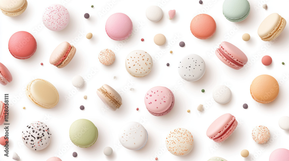 Vibrant collection of macarons in various colors and flavors on white background Vibrant collection of macarons in various colors and flavors on white background