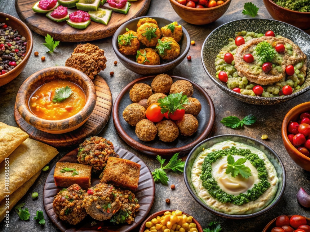 Halal Lebanese feast: Macro photography showcases the delectable details of meze and baklava. Halal Lebanese feast: Macro photography showcases the delectable details of meze and baklava.