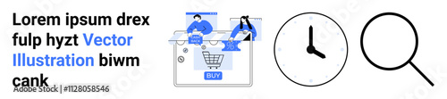 Two people interacting with a digital shopping cart, accompanied by a clock and magnifying glass icons. Ideal for themes such as online shopping, time management, search optimization, digital