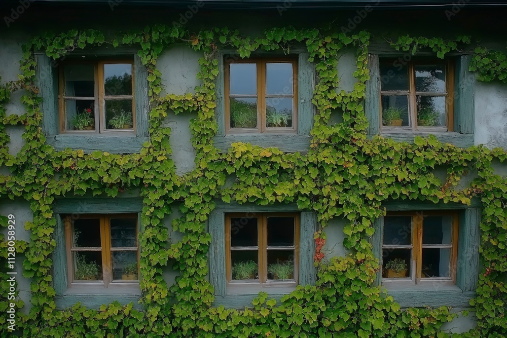 Green Ivy-Covered Windows of a Rustic Home