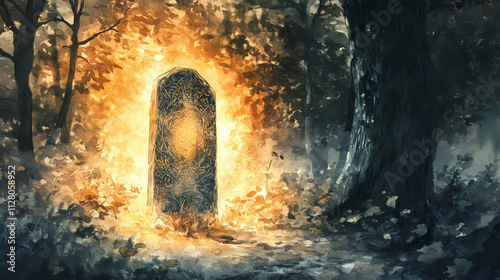 Glowing ancient runestone imbued with mystical energy in an enchanted watercolor forest landscape magical ethereal and primordial scene with a mysterious esoteric feel. Runestone. Illustration photo