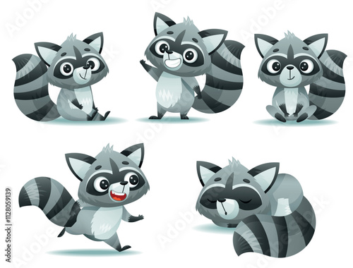 Adorable animated raccoons showcasing a variety of playful poses and charming expressions in vibrant colors