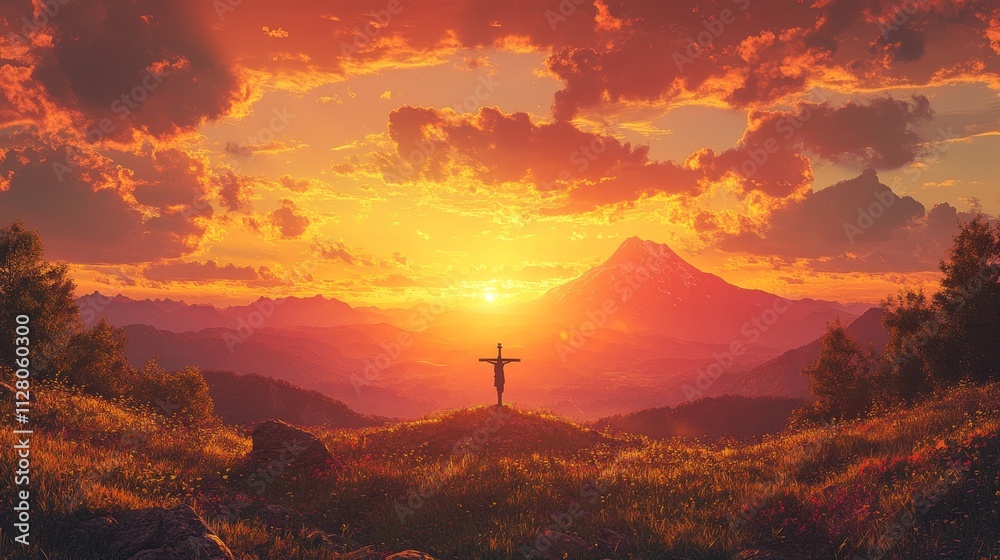 Silhouette of jesus on the cross at sunset with mountain background   easter conceptual illustration