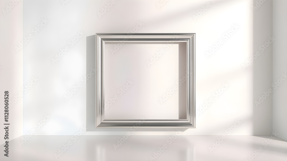 A clean, floating silver square frame against a backdrop of soft pastel colors and subtle metallic reflections, in detailed 8K quality A clean, floating silver square frame against a backdrop of soft pastel colors and subtle metallic reflections, in detailed 8K quality