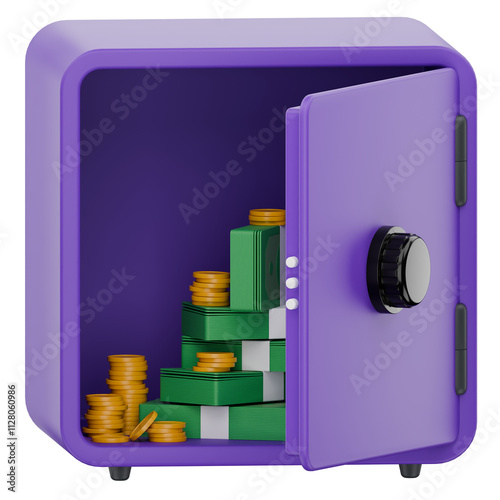 3D Illustration of Purple Money Safe with Cash and Coins