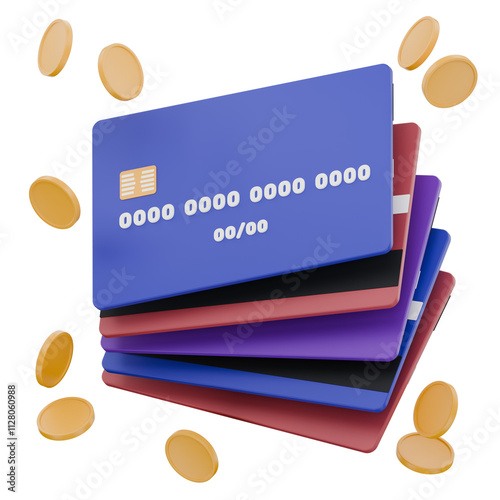 3D Illustration of Stack of Credit Cards with Coins