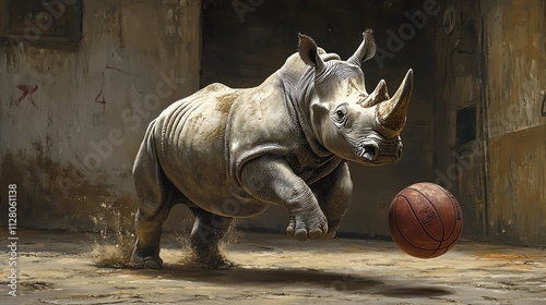 A playful rhinoceros dribbles a basketball in a vibrant, dynamic scene showcasing its unique charm. photo