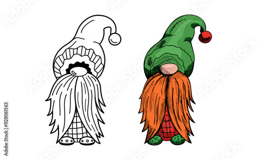 Outline doodle and colored hand-drawn festive dwarf for creative design projects