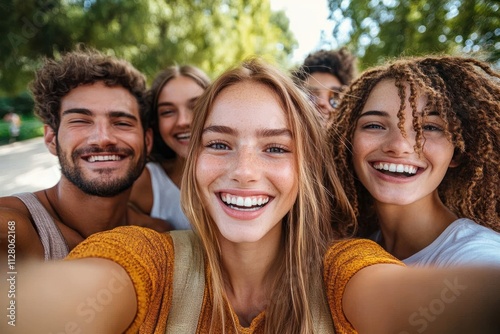 Happy young multicultural friends taking selfie together in sunny park with greenery smiling outdoors