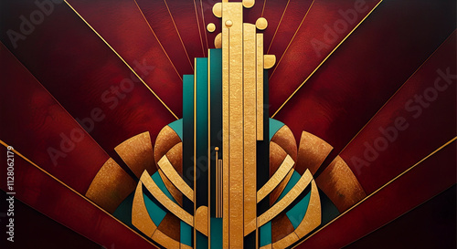 Bauhaus-inspired oil painting with geometric patterns in ruby red and gold