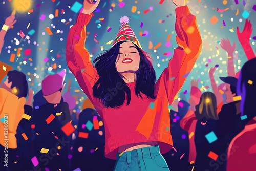 People gathered in festive outfits dancing wearing party and say