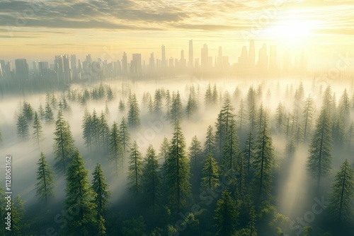 Misty Forest with City Skyline at Sunrise