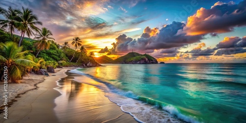 Fototapeta Naklejka Na Ścianę i Meble -  Stunning St. Barth sunset: Long exposure reveals breathtaking ocean views and a tranquil beach scene.