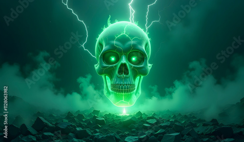 A glowing green skull with electric sparks floats in a foggy, rocky landscape, emanating a haunting and supernatural energy in the dark. photo