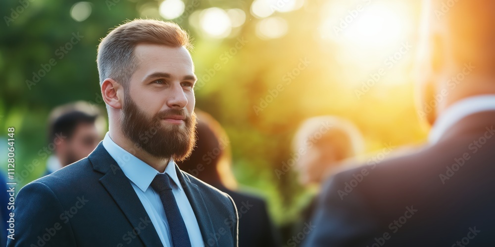 A distinguished young man with a well-groomed beard stands confidently in a professional environment, radiating self-assurance and determination amidst a backdrop of warm light. A distinguished young man with a well-groomed beard stands confidently in a professional environment, radiating self-assurance and determination amidst a backdrop of warm light.
