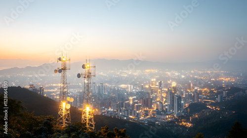 New economy and future energy concept. A stunning cityscape at dusk, showcasing communication towers and a vibrant skyline illuminated by city lights.