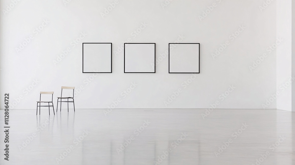 A contemporary white room with an aesthetic photo wall featuring five square black empty frames in perfect alignment. The frames stand out starkly against the white walls, while the minimal A contemporary white room with an aesthetic photo wall featuring five square black empty frames in perfect alignment. The frames stand out starkly against the white walls, while the minimal