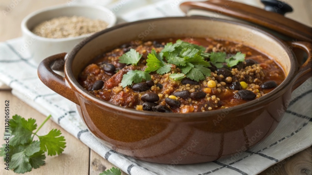 A rustic pot displays a hearty concoction of chili showcasing deep black beans and speckled grains of quinoa that create an inviting appearance. The cilantro strategically