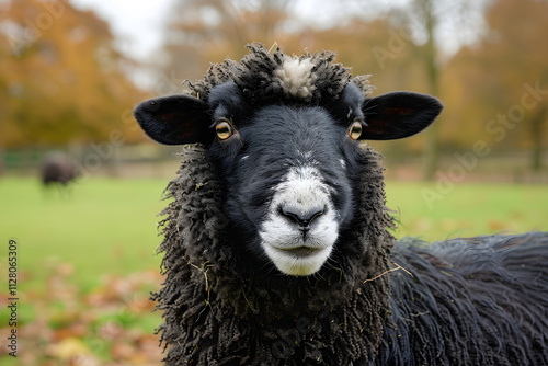 Dappled Sunlight over Natural Scene with Authentic Zwartbles Sheep photo