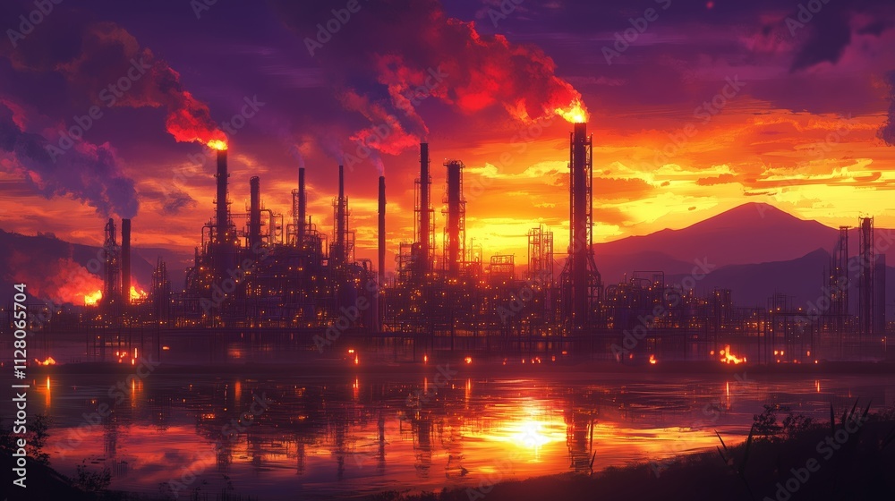 At sunset, an oil refinery buzzes with activity, silhouetted against a vibrant orange sky. At sunset, an oil refinery buzzes with activity, silhouetted against a vibrant orange sky.
