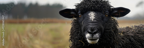 Dappled Sunlight over Natural Scene with Authentic Zwartbles Sheep photo