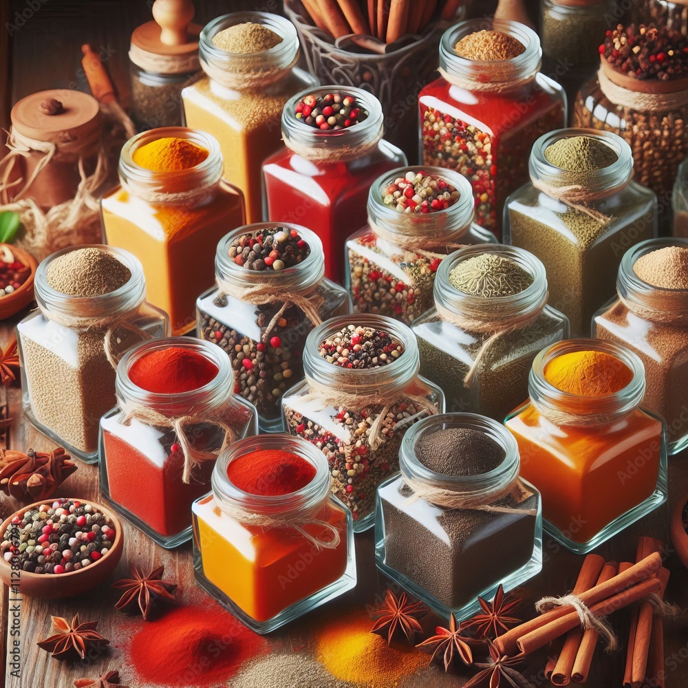 Glass Spice Jars Colorful spices displayed in clear glass jars Glass Spice Jars Colorful spices displayed in clear glass jars