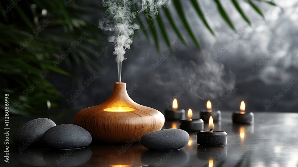 A serene spa space featuring essential oils and diffusers creating a relaxing atmosphere Stock Photo with side copy space A serene spa space featuring essential oils and diffusers creating a relaxing atmosphere Stock Photo with side copy space