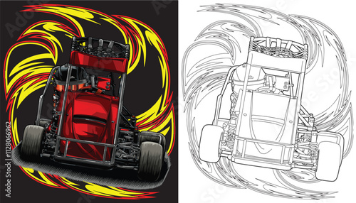 Outline red and painted racing car. Isolated in black background, for t-shirt design, print, and for business purposes.