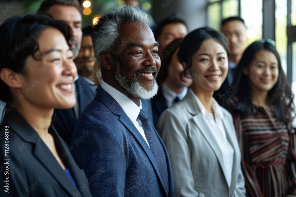 Group of diverse business people standing in a row and looking at camera Group of diverse business people standing in a row and looking at camera