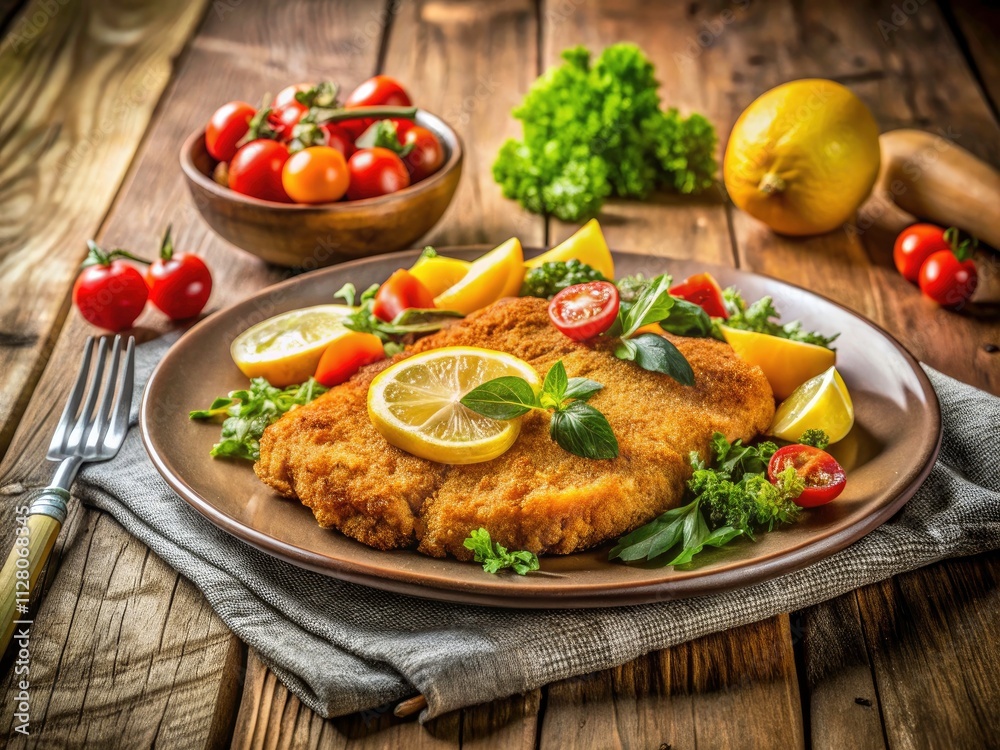 Delicious Plate of Schnitzel with Fresh Vegetables on a Rustic Table Setting, Perfect for Gourmet Food Photography and Culinary Arts Delicious Plate of Schnitzel with Fresh Vegetables on a Rustic Table Setting, Perfect for Gourmet Food Photography and Culinary Arts