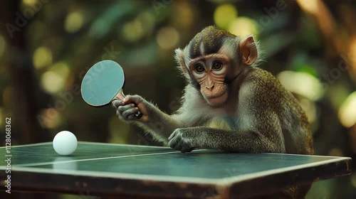 Fototapeta A playful monkey skillfully plays table tennis in a lush green environment, showcasing its unique abilities.