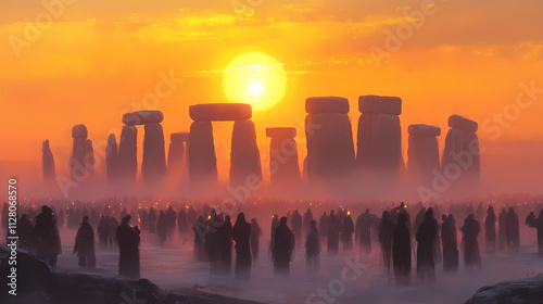 Winter solstice festival in stonehenge, people gathered in the ancient site to watch the sunrise, mystical atmosphere, foggy Solstice. Illustration