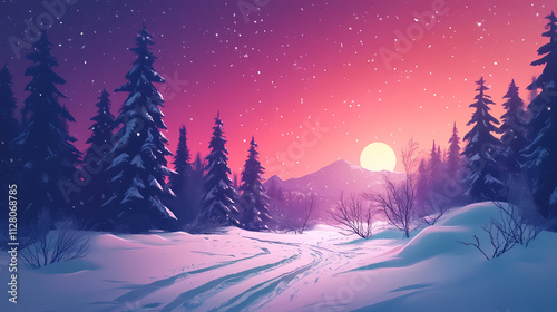 Winter solstice in isolated snowy forest after snow fall. beautifully natural winter scene, blizzard trees, snow,generative ai. snowy forest. illustration. Solstice. Illustration photo