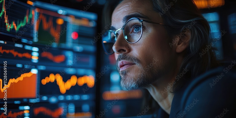 Obraz premium Trader Analyzing Stock Market Graphs with CRM Tools in Dynamic Office Setting for Financial and Trading Consultations
