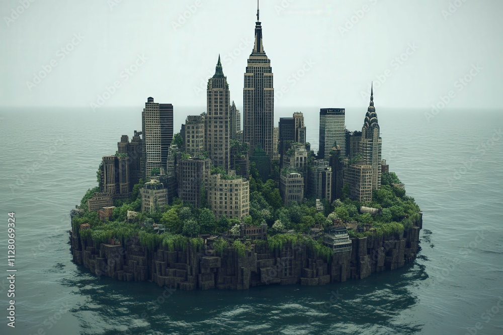 Fototapeta premium Urban Island Surrounded by Water in a Lush Environment