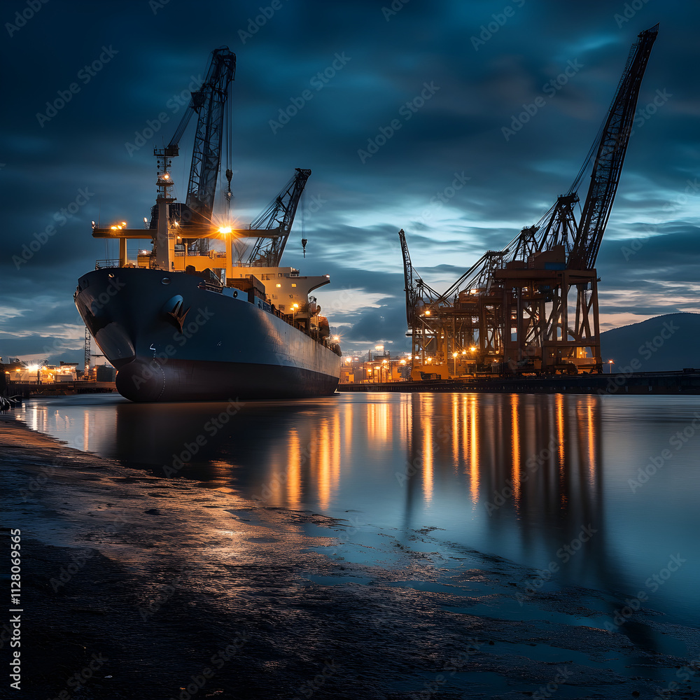 Fototapeta premium Supply ship unloading materials dockside maritime scene industrial setting low angle supply chain management