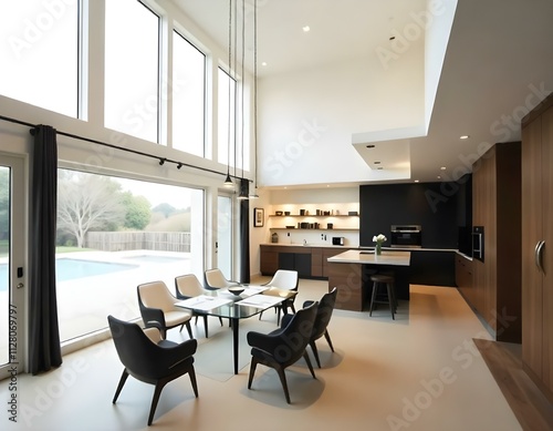 A modern and minimalist interior design with an open floor plan , featuring large windows , pendant lighting fixtures , and a mix of black and white furniture . The space appears to be a living room.