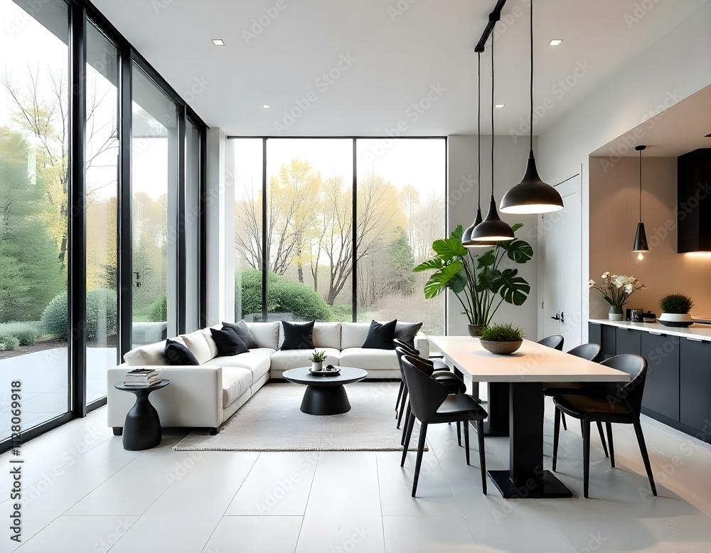 Fototapeta premium A modern and minimalist interior design with an open floor plan , featuring large windows , pendant lighting fixtures , and a mix of black and white furniture . The space appears to be a living room.