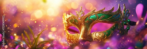 Colorful venetian mask on vibrant background with glittering lights. Happy Mardi Gras