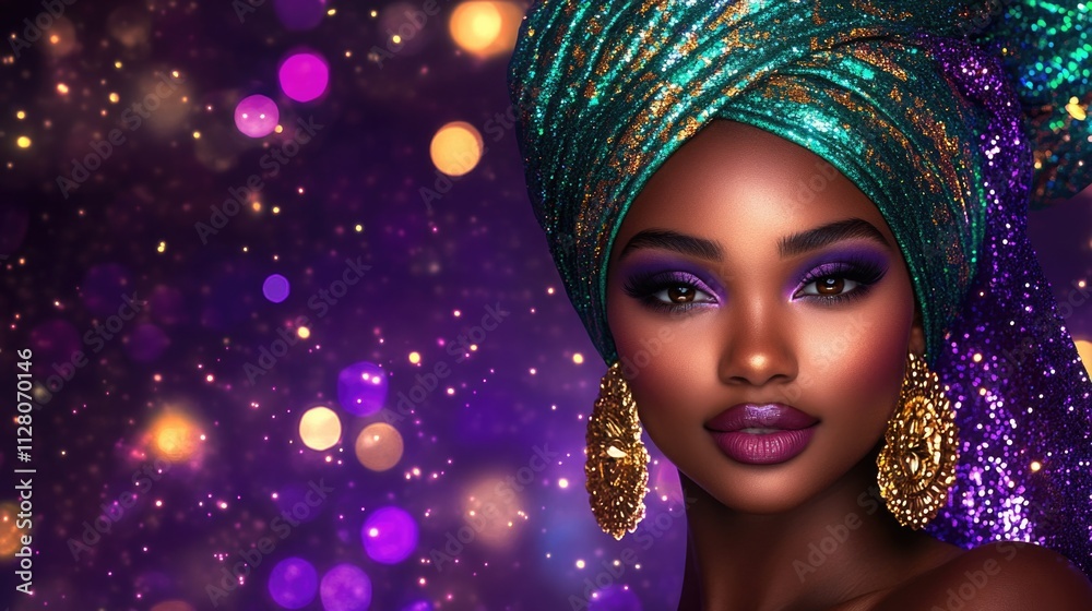 Obraz premium Elegant african woman wearing colorful headwrap and jewelry against purple glitter background. Happy Mardi Gras