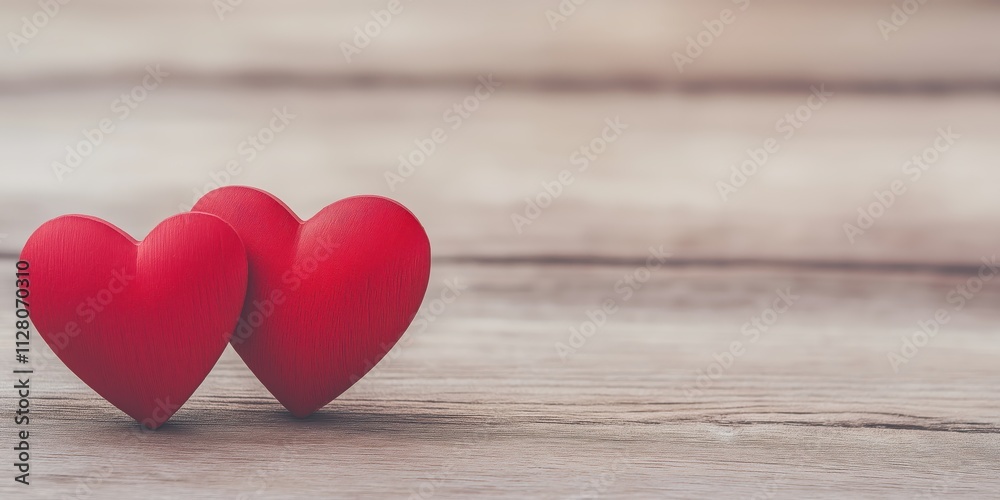 This image features two vibrant red wooden hearts placed closely together on a rustic wooden surface, representing love, affection, and connection between individuals. This image features two vibrant red wooden hearts placed closely together on a rustic wooden surface, representing love, affection, and connection between individuals.