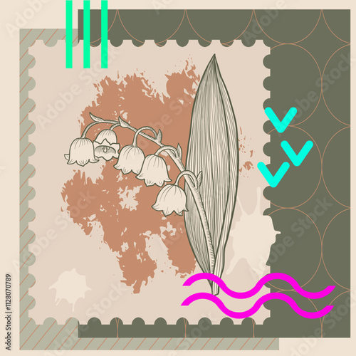 vector collage with lily-of-the-valley flower and neon color elements,, creative composition with sketch of owl and butterfly