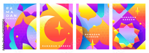 Abstract bauhaus ramadan pattern card collection set, vector background illustration, crescent moon, star, mosque gate, arabic ornament.